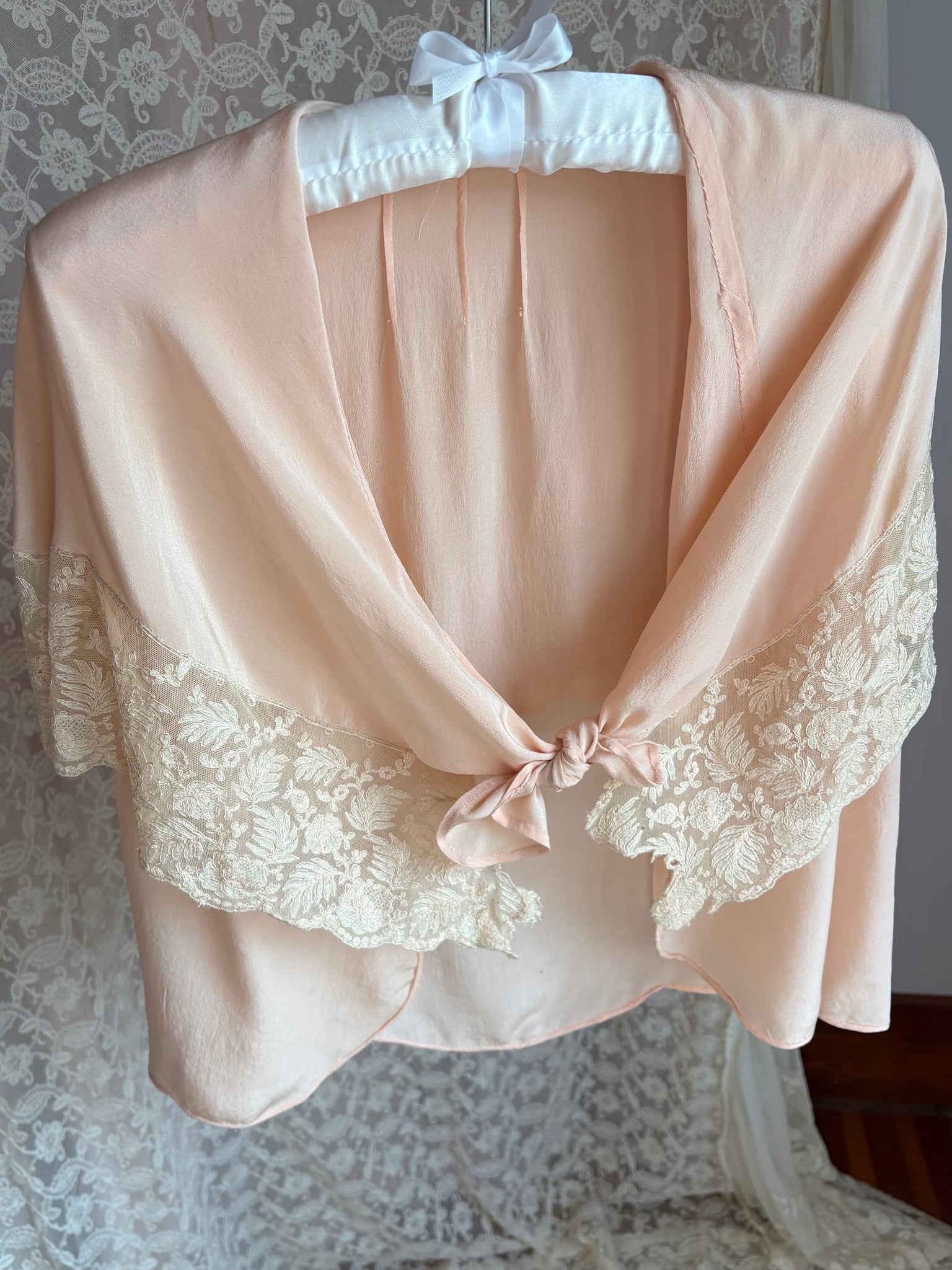 1930s Pink Silk Tambour Lace Embroidered Blouse Tie Front