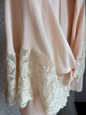 1930s Pink Silk Tambour Lace Embroidered Blouse Tie Front