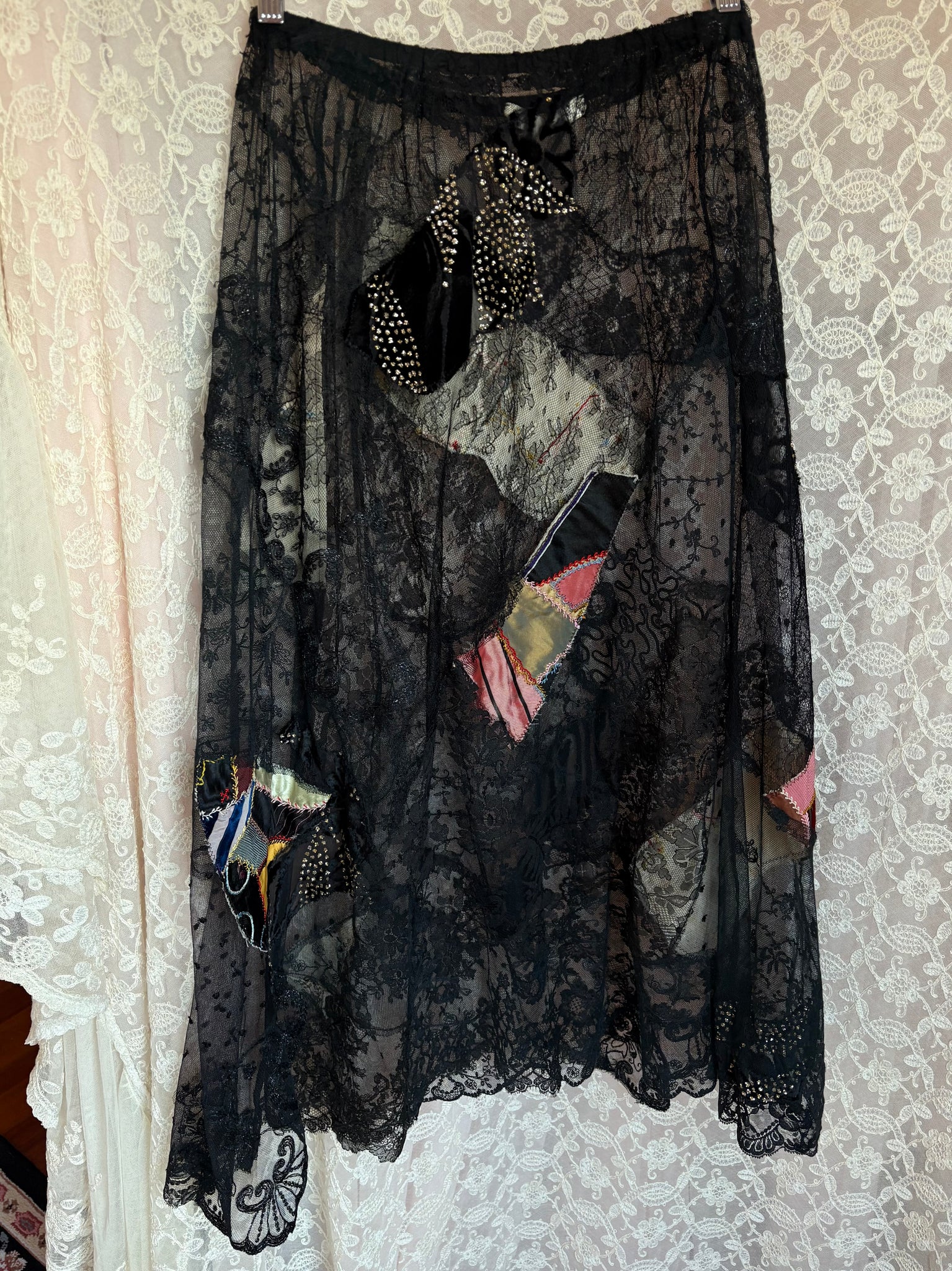 1980s Black Lace Patchwork Crazy Quilt Skirt