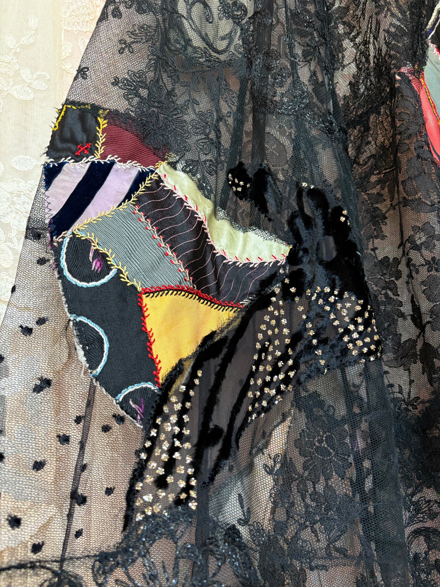 1980s Black Lace Patchwork Crazy Quilt Skirt