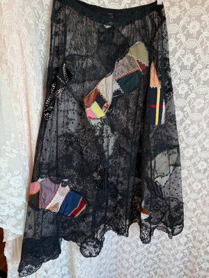 1980s Black Lace Patchwork Crazy Quilt Skirt