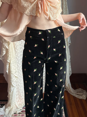 1970s Black Velvet Rose Embroidered Floral Pink Shorts Vest Pants Suit Set Three Piece