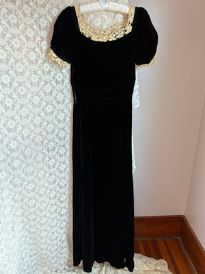 1940s Black Velvet Dress Cream Crochet Bow