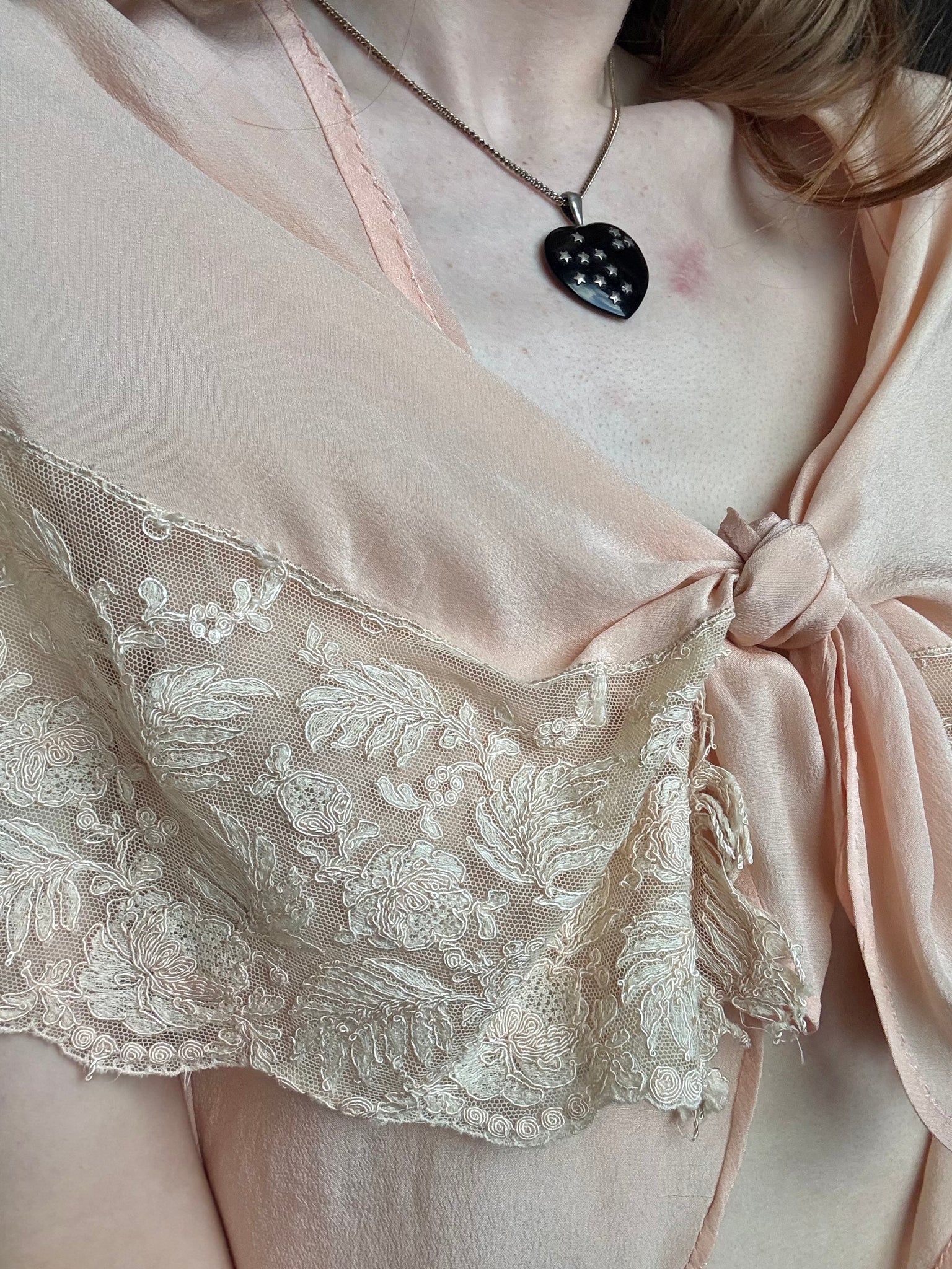 1930s Pink Silk Tambour Lace Embroidered Blouse Tie Front