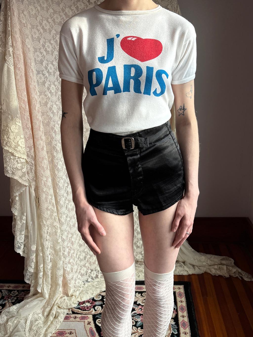 1970s J'adore Paris Print Novelty White Red Heart Blue Tee T Shirt