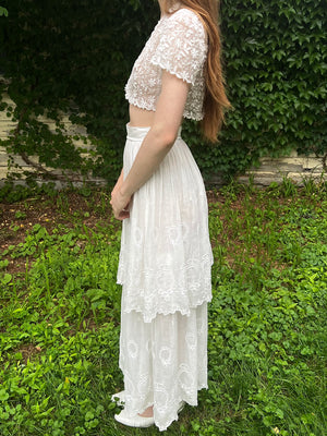 1910s White Cotton Embroidered Floral Lace Tiered Skirt