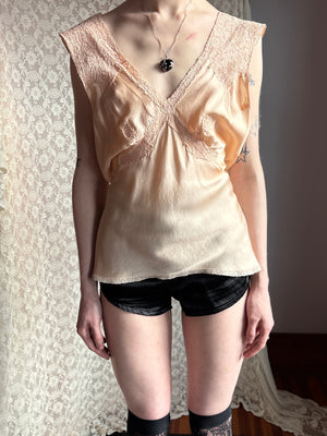 1940s Peach Silk Satin Lace Embroidered Blouse Tank