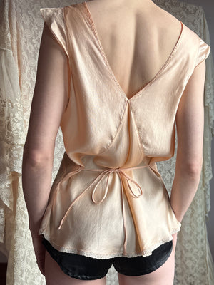 1940s Peach Silk Satin Lace Embroidered Blouse Tank