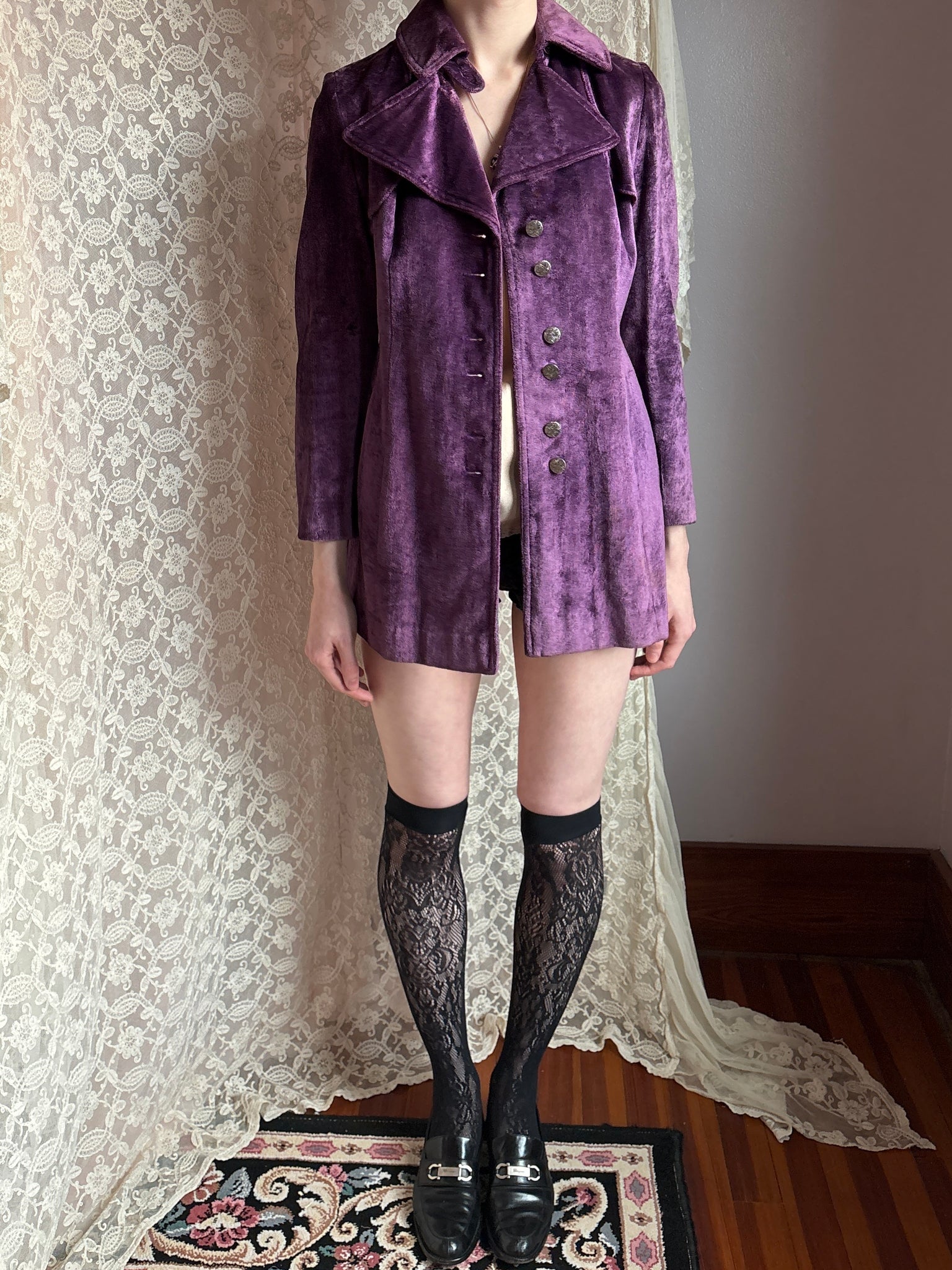 1970s Purple Velvet Coat Pea Silver Buttons