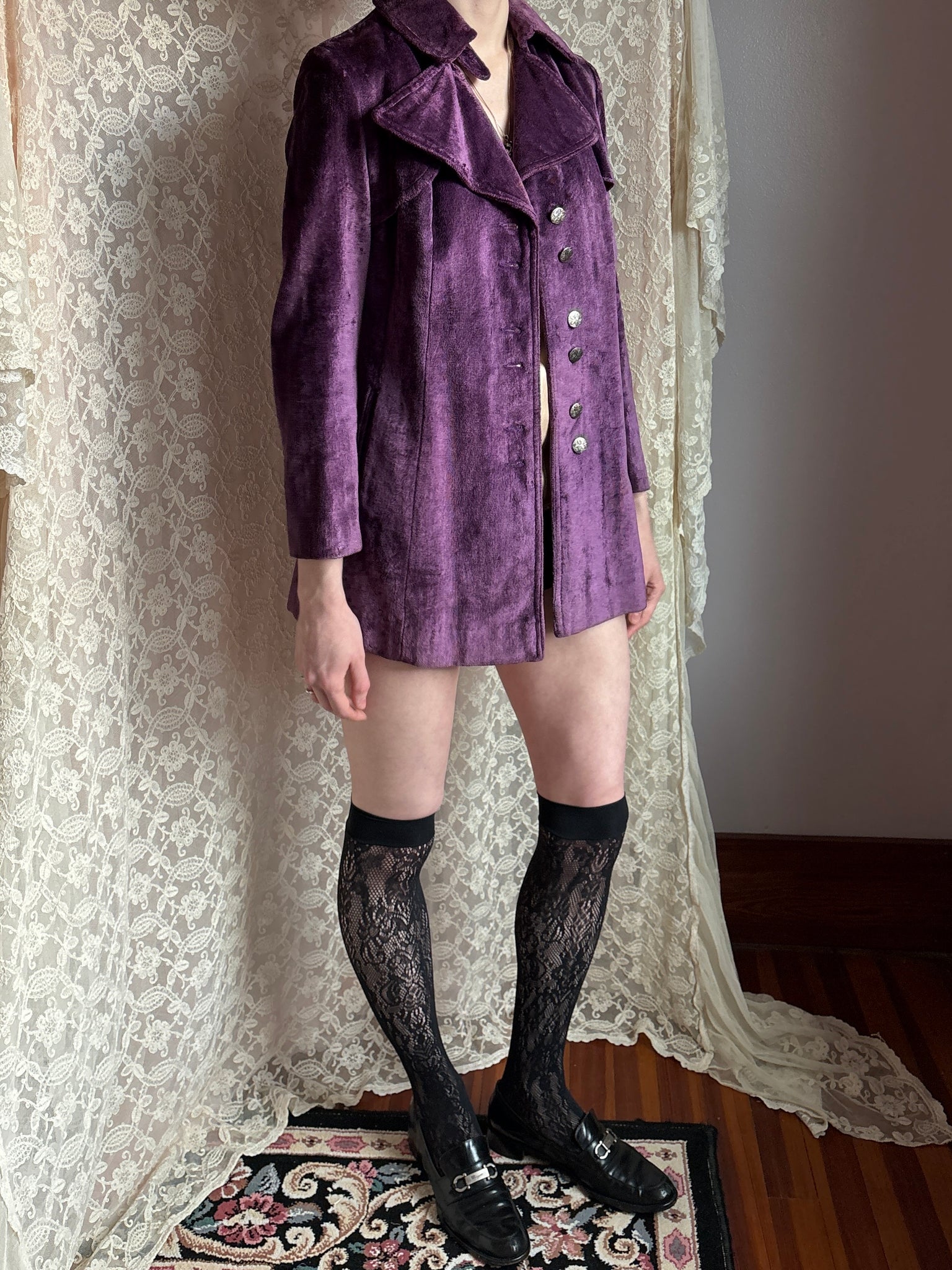 1970s Purple Velvet Coat Pea Silver Buttons