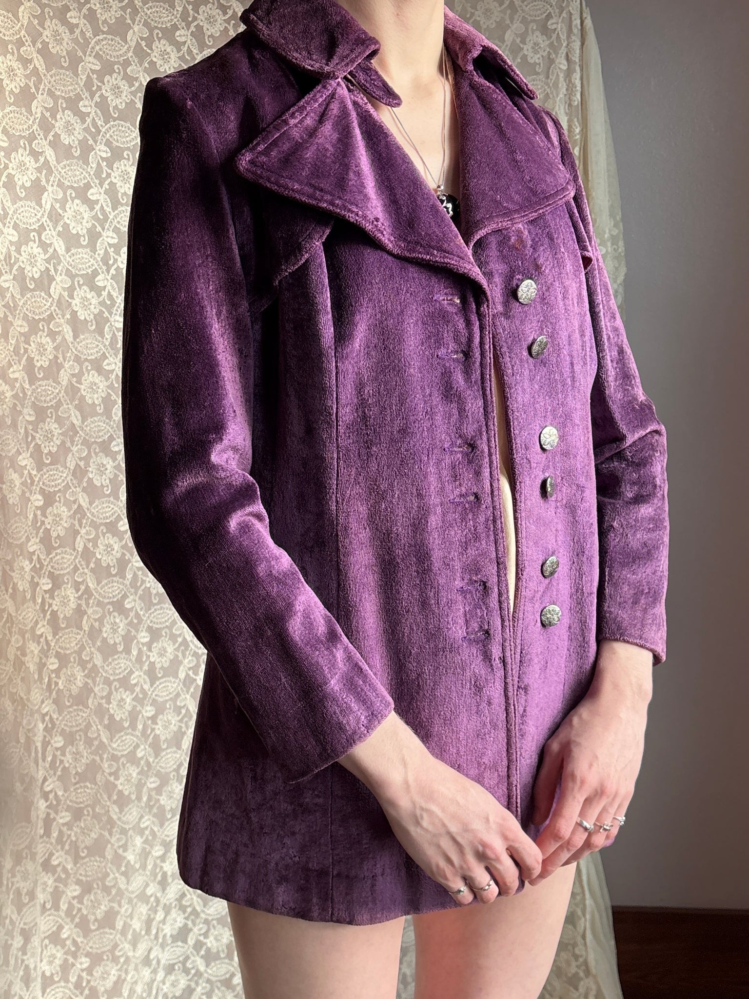 1970s Purple Velvet Coat Pea Silver Buttons