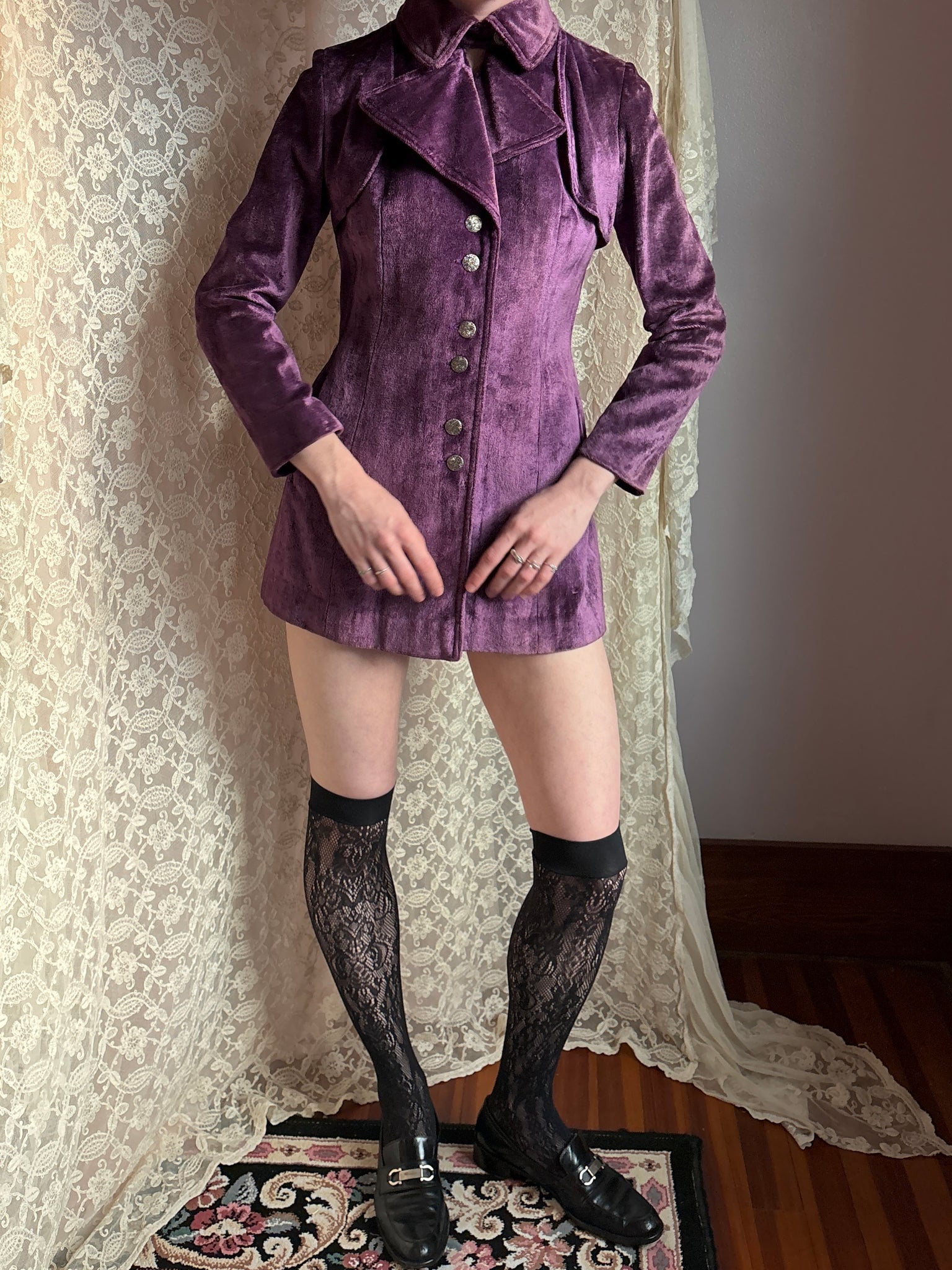 1970s Purple Velvet Coat Pea Silver Buttons