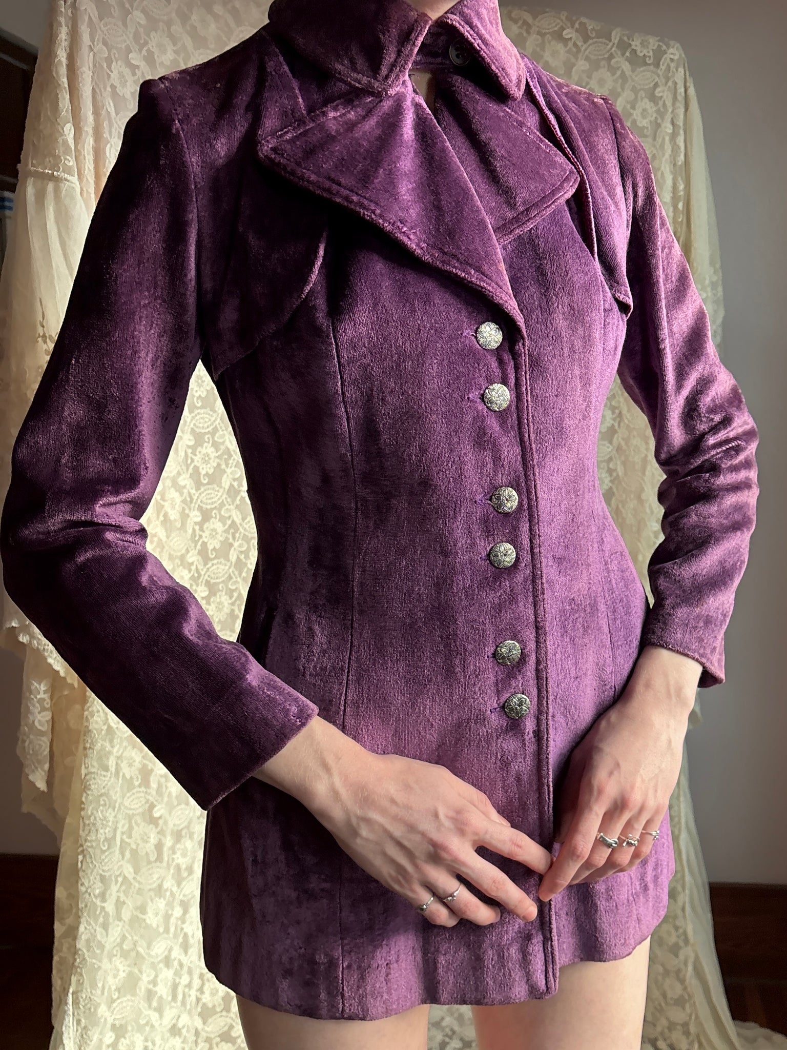 1970s Purple Velvet Coat Pea Silver Buttons