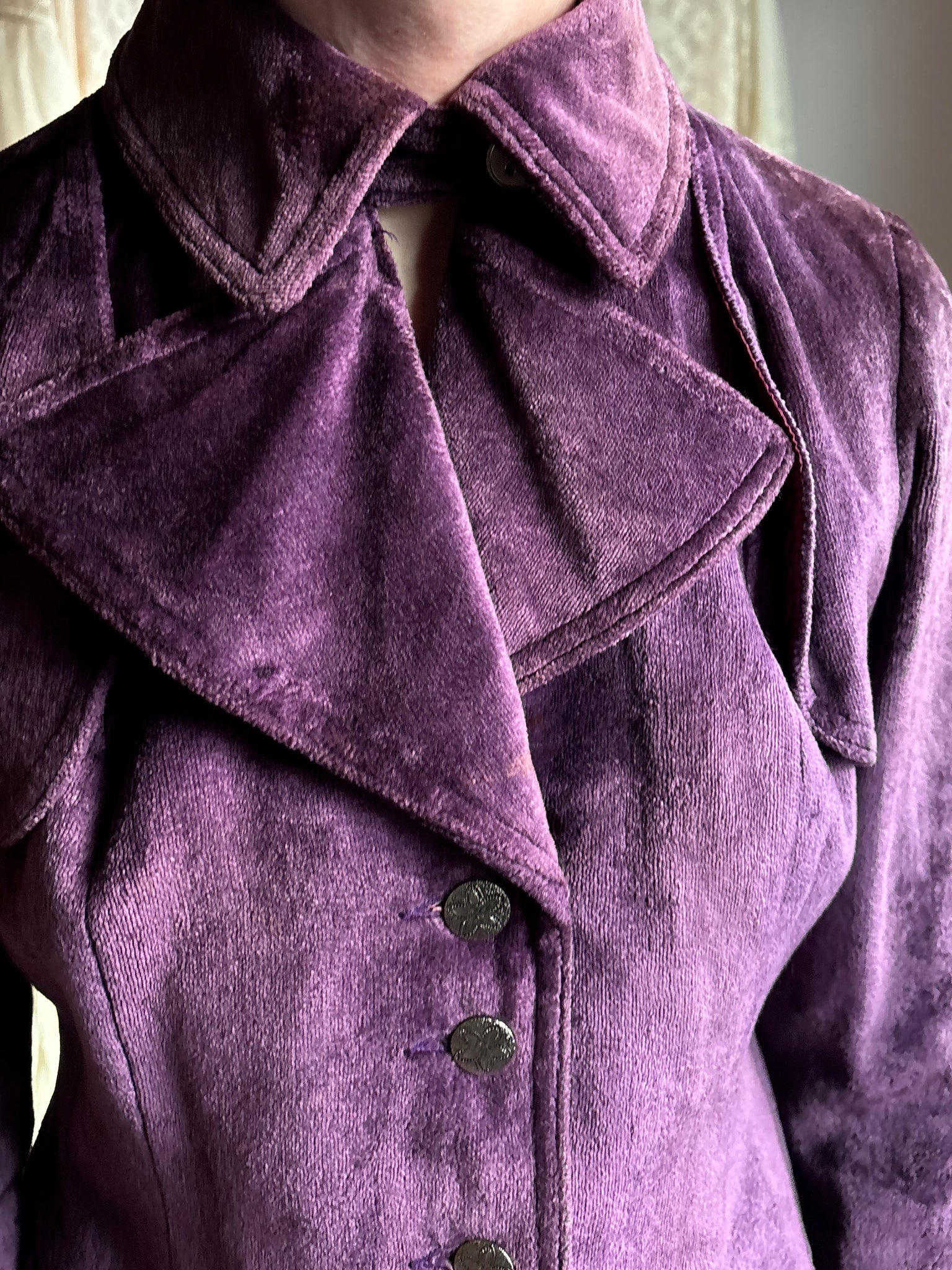 1970s Purple Velvet Coat Pea Silver Buttons