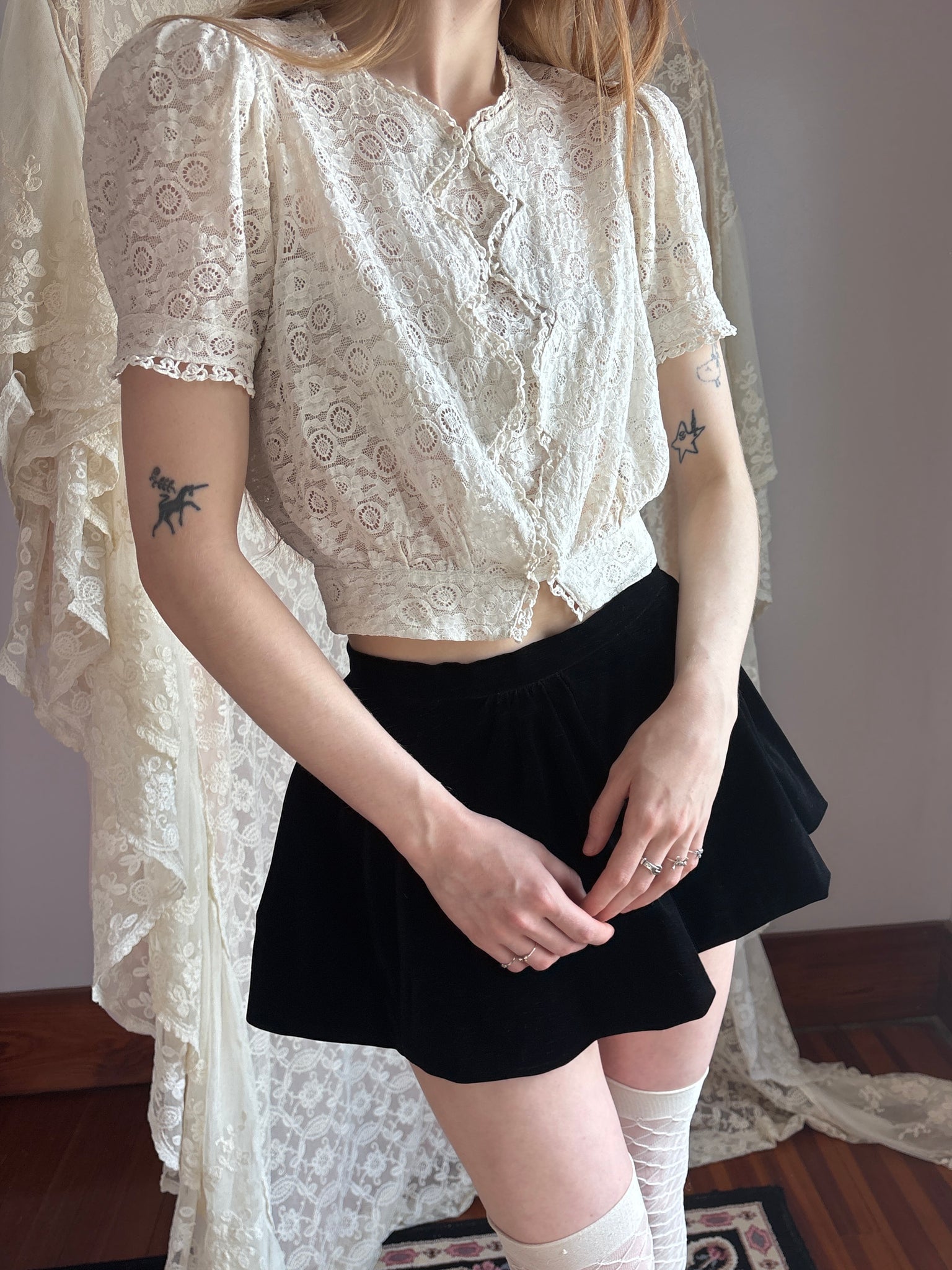 1930s Lace White Blouse Puff Sleeves