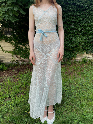 1930s Blue Tambour Floral Embroidered Lace Gown Dress Velvet Ribbon Breath Of the Earth 1930s Blue Tambour Floral Embroidered Lace Gown Dress Velvet Ribbon Breath Of the Earth