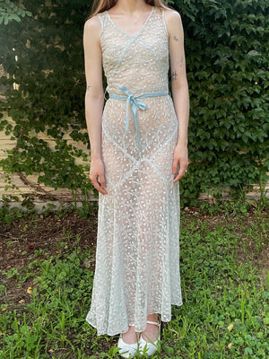 1930s Blue Tambour Floral Embroidered Lace Gown Dress Velvet Ribbon Breath Of the Earth 1930s Blue Tambour Floral Embroidered Lace Gown Dress Velvet Ribbon Breath Of the Earth