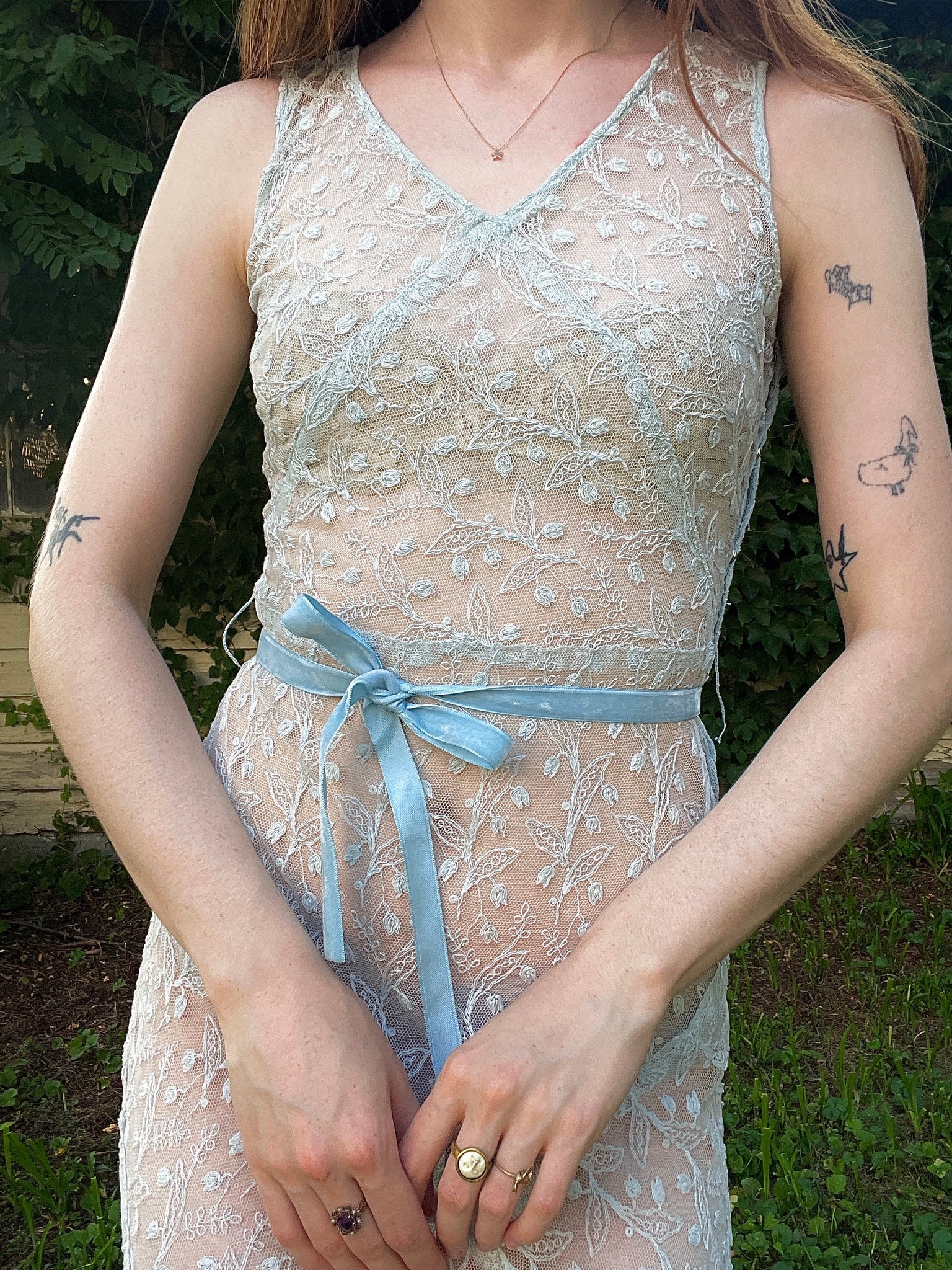 1930s Blue Tambour Floral Embroidered Lace Gown Dress Velvet Ribbon Breath Of the Earth 1930s Blue Tambour Floral Embroidered Lace Gown Dress Velvet Ribbon Breath Of the Earth