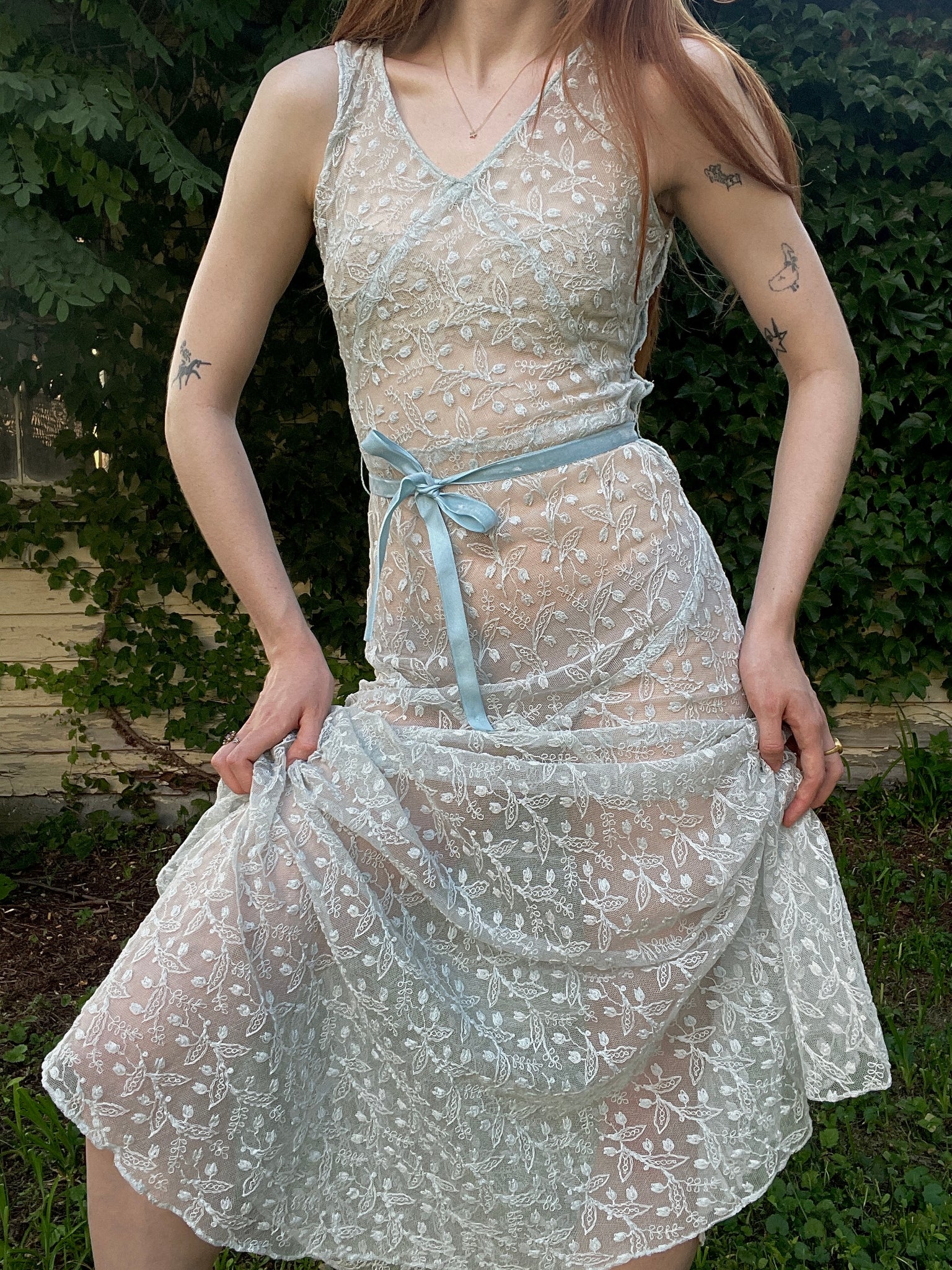 1930s Blue Tambour Floral Embroidered Lace Gown Dress Velvet Ribbon