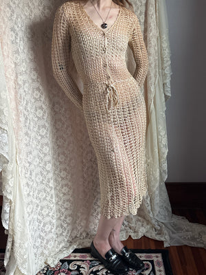 1960s Cream Crochet Open Dress Long Sleeve