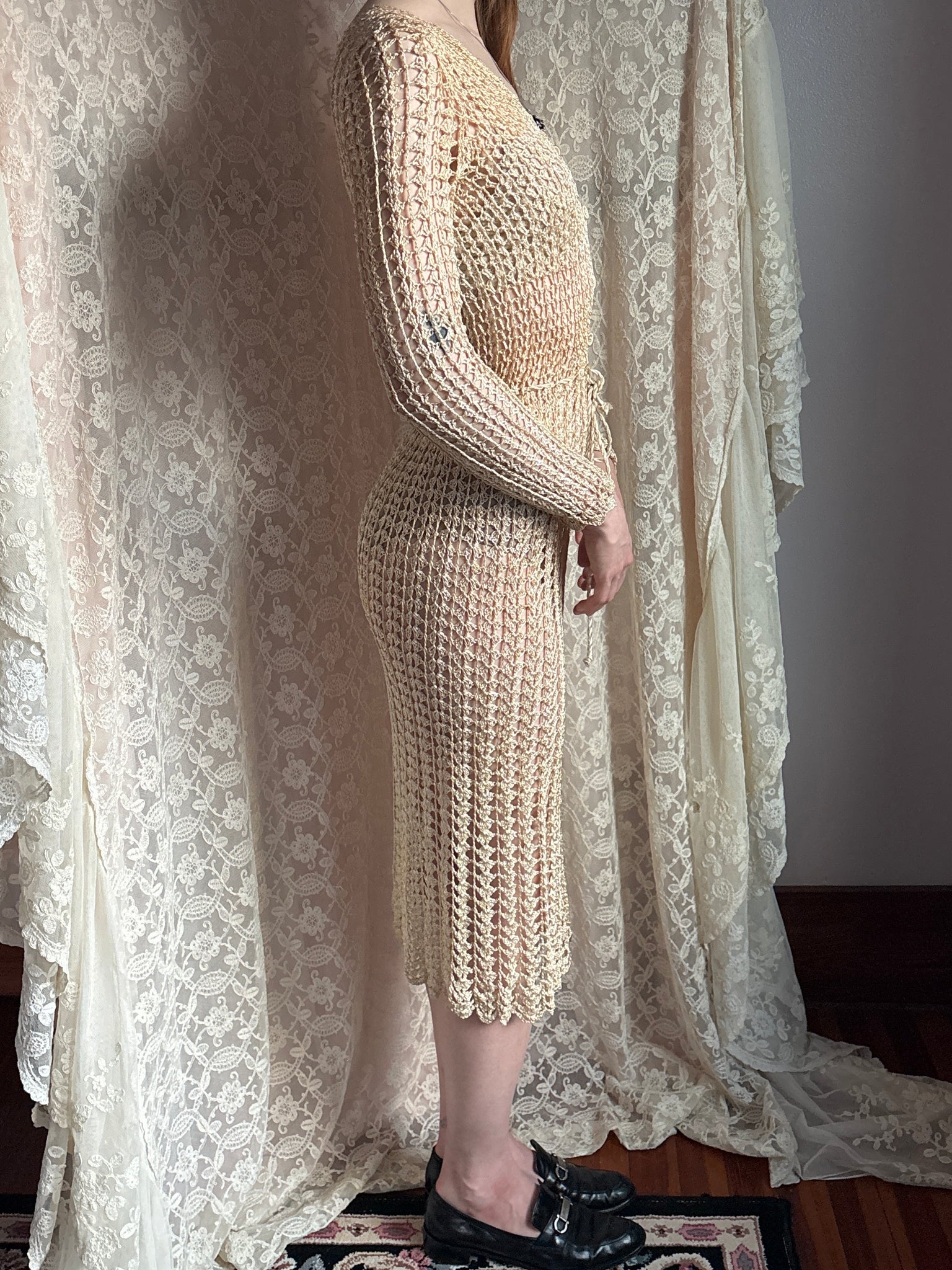 1960s Cream Crochet Open Dress Long Sleeve