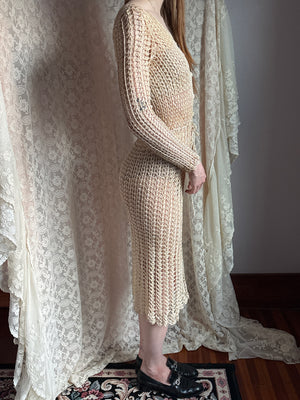 1960s Cream Crochet Open Dress Long Sleeve