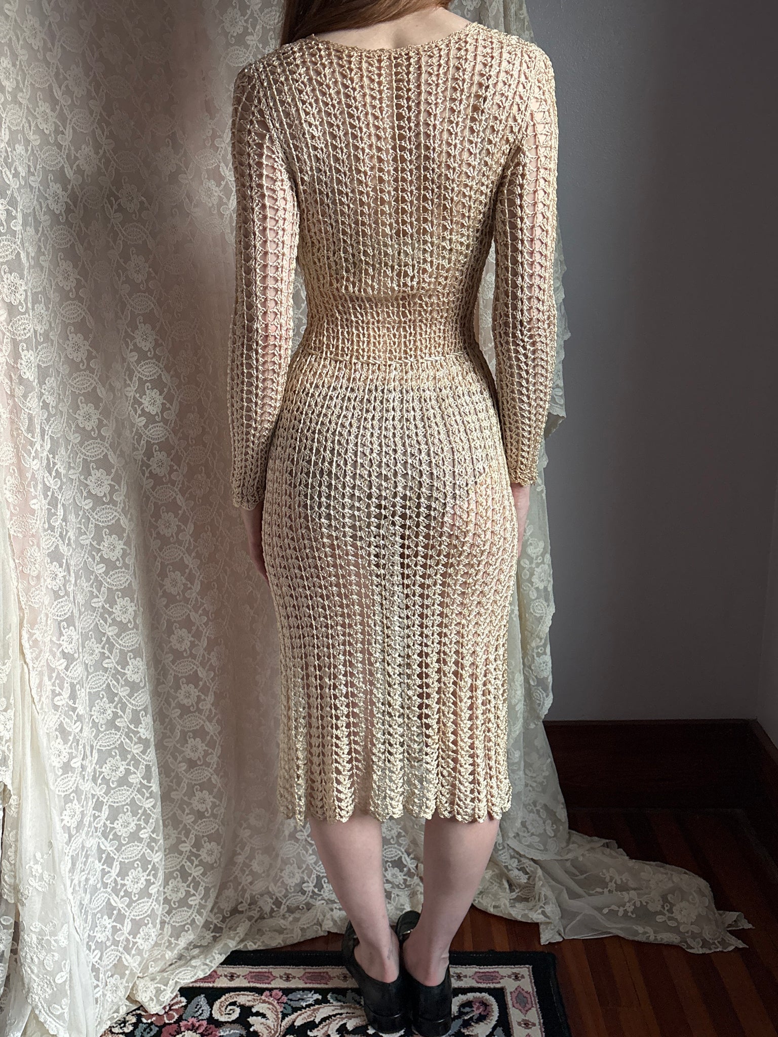 1960s Cream Crochet Open Dress Long Sleeve