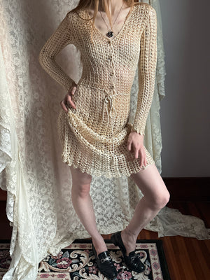 1960s Cream Crochet Open Dress Long Sleeve