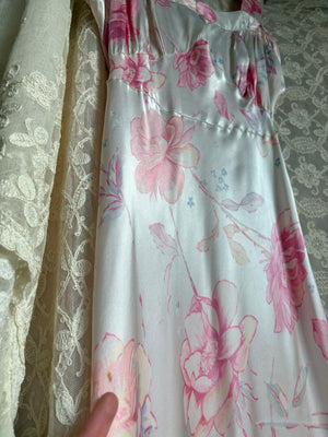 1940s Floral Print Rayon Satin Bias Cut Dress White Pink