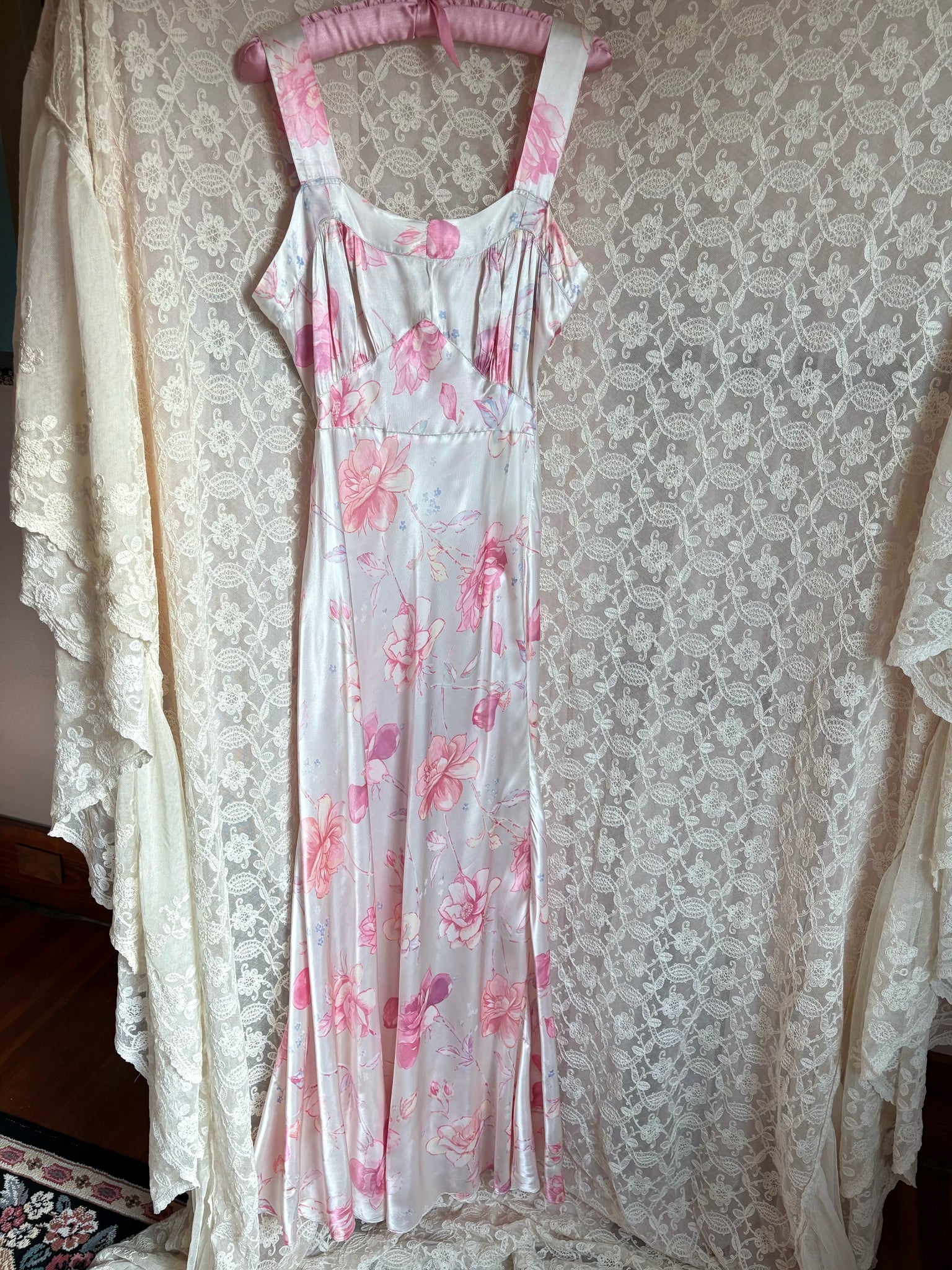 1940s Floral Print Rayon Satin Bias Cut Dress White Pink