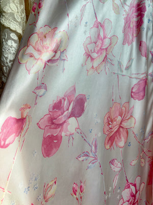 1940s Floral Print Rayon Satin Bias Cut Dress White Pink