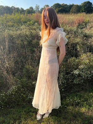 1930s Cream Organza Collar Tuffle Sleeve Sheer Gown Dress