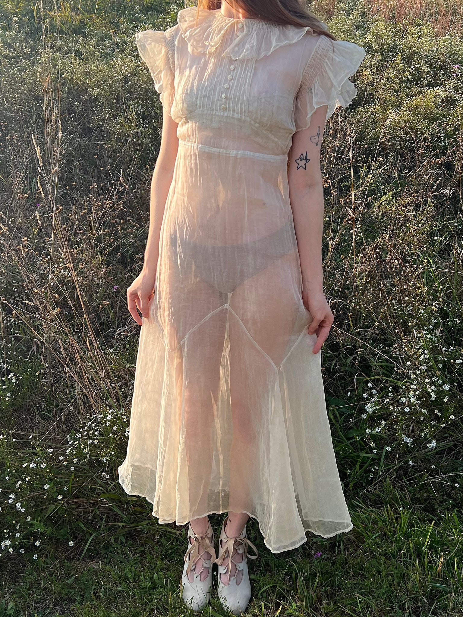 1930s Cream Organza Collar Tuffle Sleeve Sheer Gown Dress