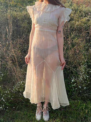 1930s Cream Organza Collar Tuffle Sleeve Sheer Gown Dress