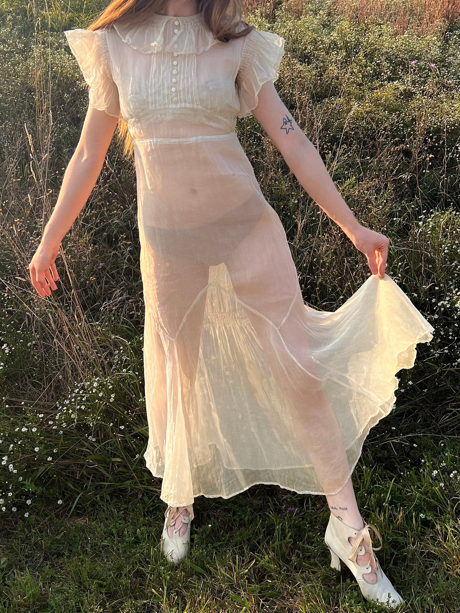 1930s Cream Organza Collar Tuffle Sleeve Sheer Gown Dress