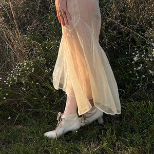 1930s Cream Organza Collar Tuffle Sleeve Sheer Gown Dress