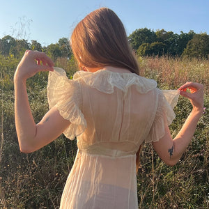 1930s Cream Organza Collar Tuffle Sleeve Sheer Gown Dress