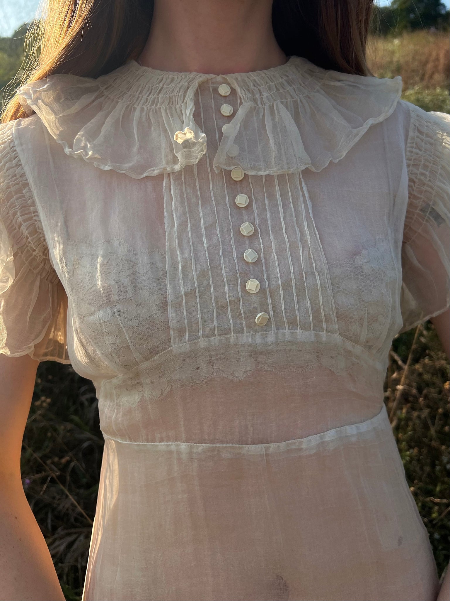 1930s Cream Organza Collar Tuffle Sleeve Sheer Gown Dress