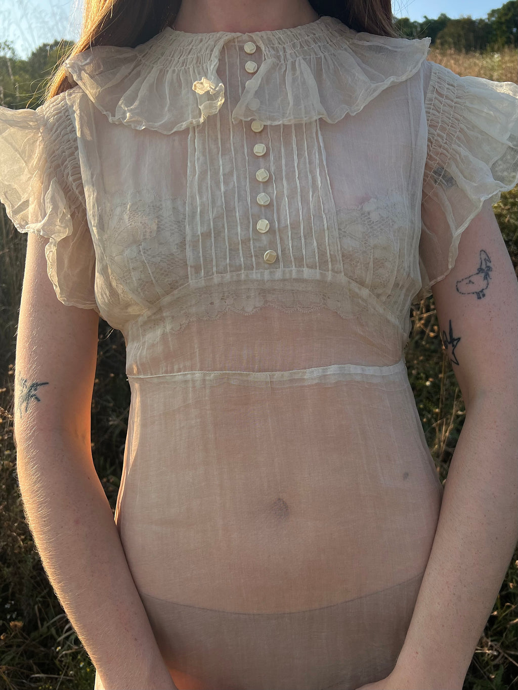 1930s Cream Organza Collar Tuffle Sleeve Sheer Gown Dress