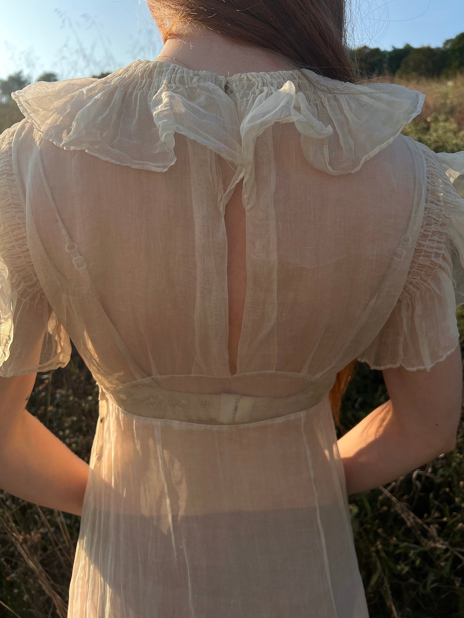 1930s Cream Organza Collar Tuffle Sleeve Sheer Gown Dress