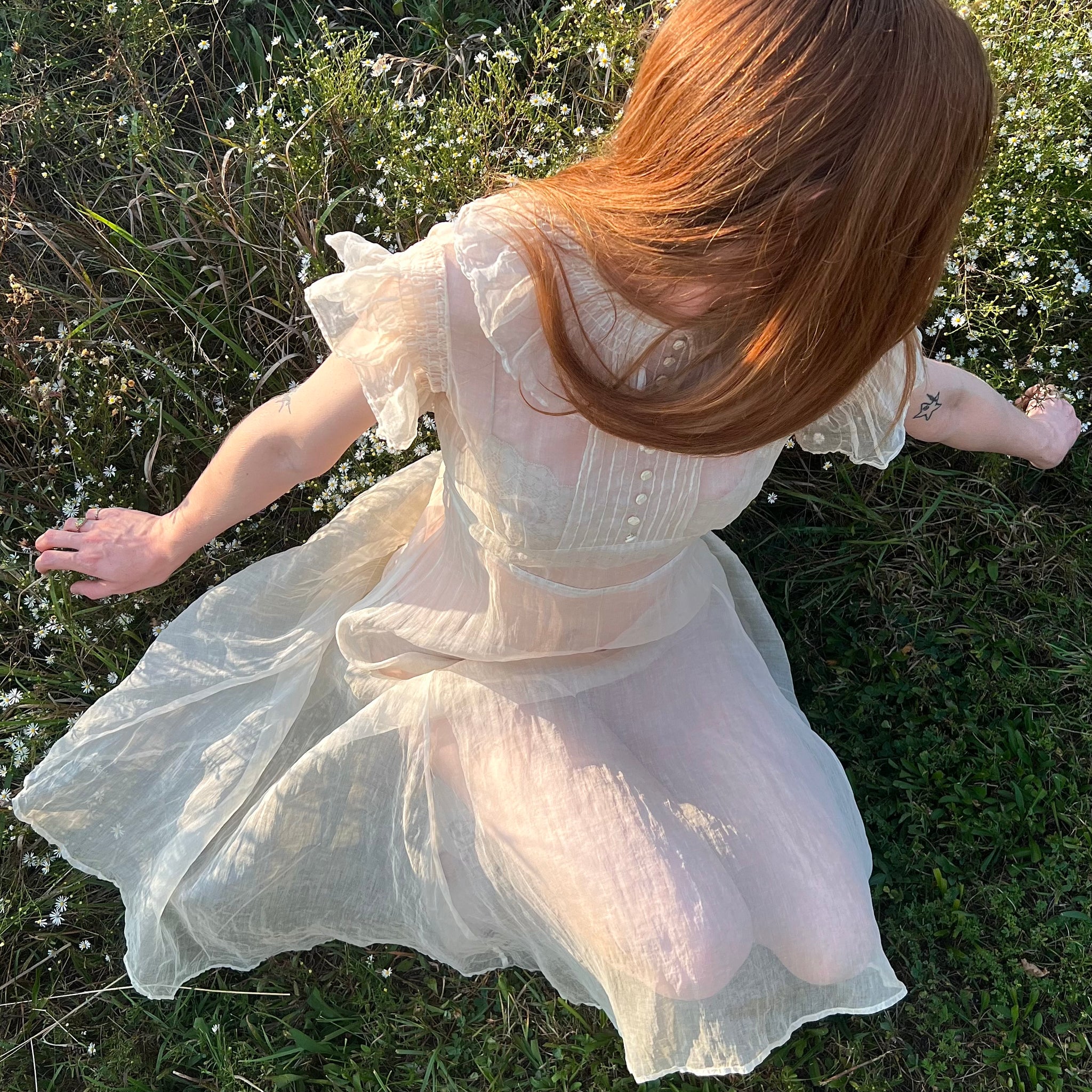 1930s Cream Organza Collar Tuffle Sleeve Sheer Gown Dress