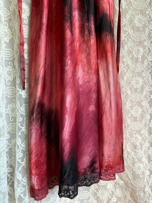 1940s Red Black Bias Cut Slip Dress Rayon Satin Tie Hand Dyed