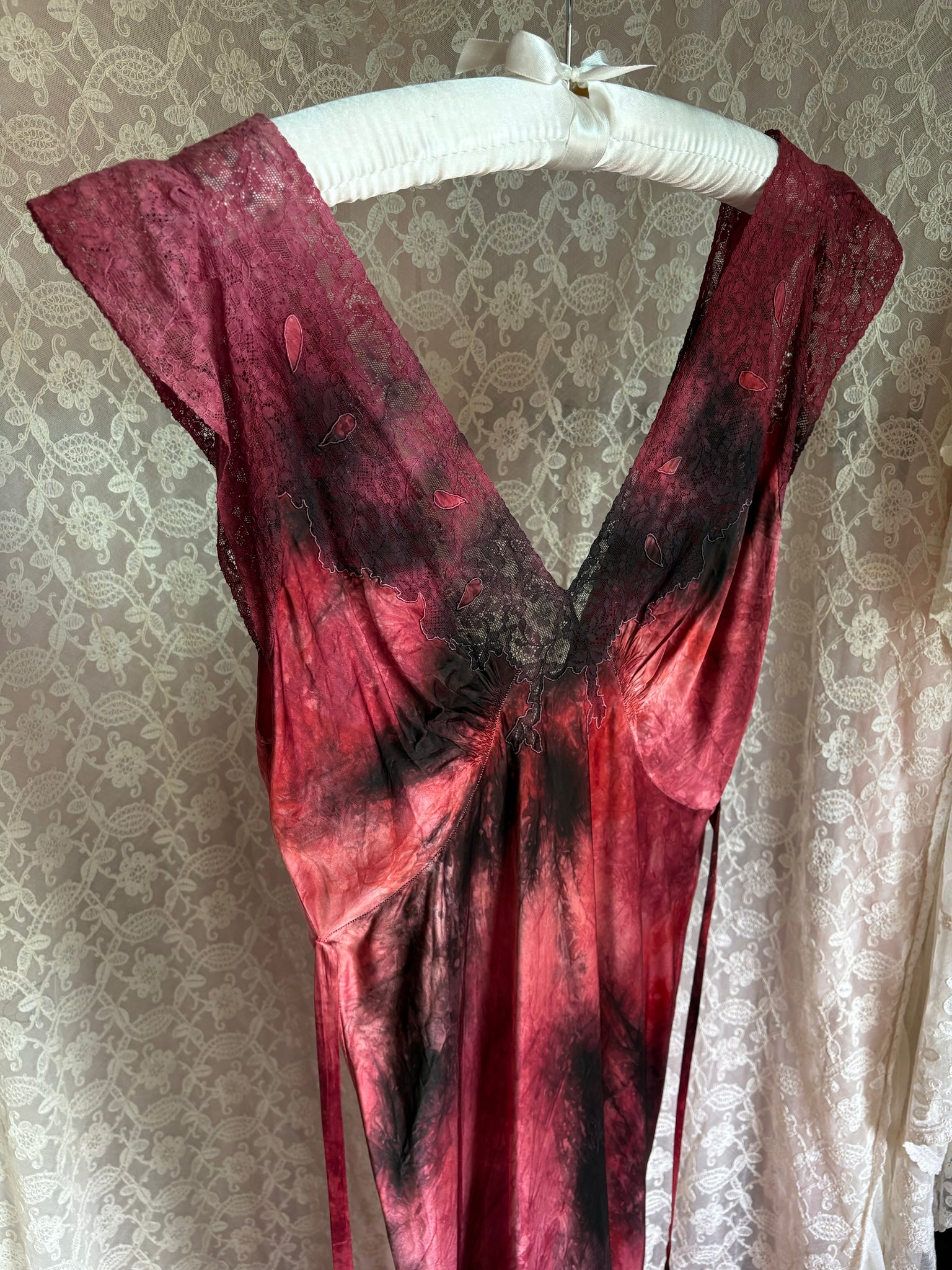 1940s Red Black Bias Cut Slip Dress Rayon Satin Tie Hand Dyed