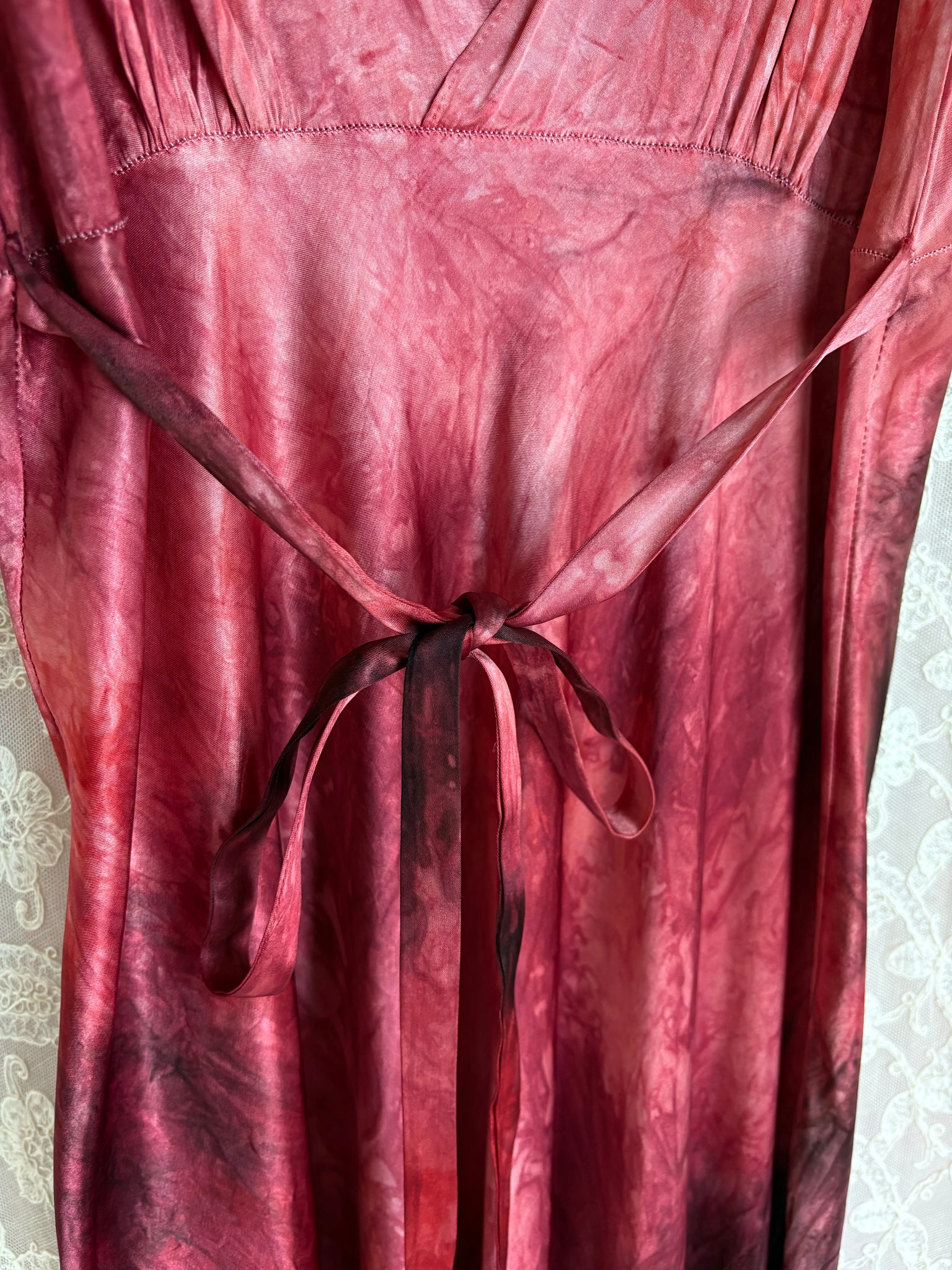 1940s Red Black Bias Cut Slip Dress Rayon Satin Tie Hand Dyed