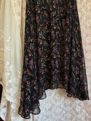 1990s Black Silk Chiffon Floral Print Bias Cut Dress