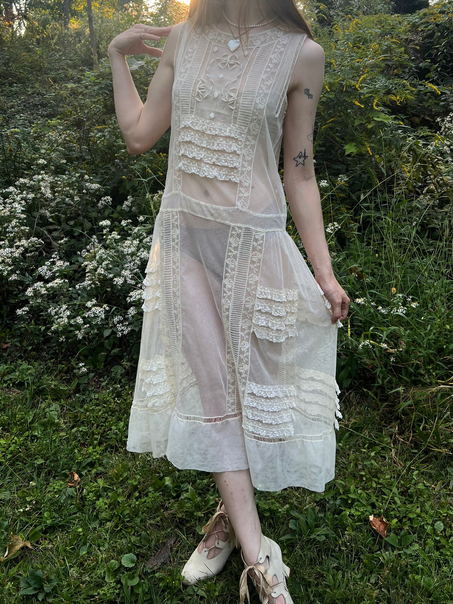 1920s Cream Filet Lace Embroidered Net Mesh Rose Floral Bows Wedding Dress