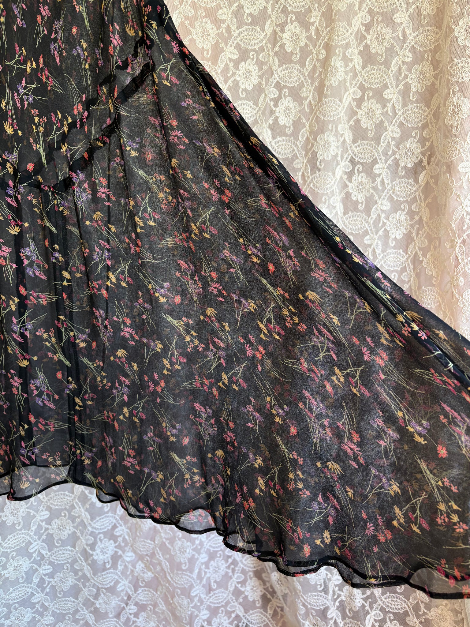 1990s Black Silk Chiffon Floral Print Bias Cut Dress