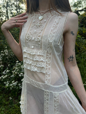 1920s Cream Filet Lace Embroidered Net Mesh Rose Floral Bows Wedding Dress