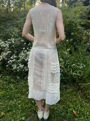 1920s Cream Filet Lace Embroidered Net Mesh Rose Floral Bows Wedding Dress