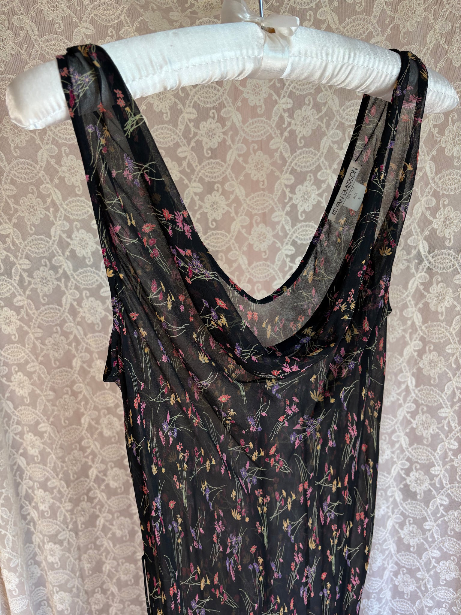 1990s Black Silk Chiffon Floral Print Bias Cut Dress